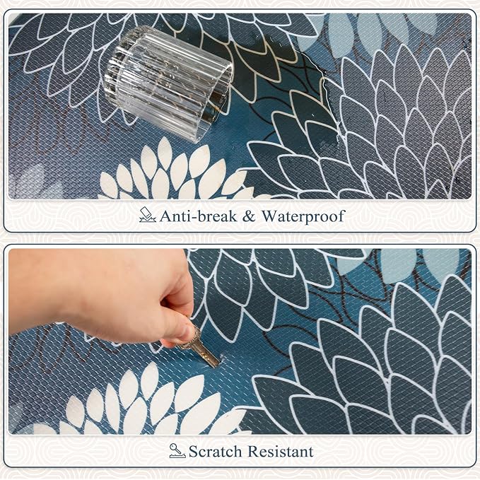 KIMODE Half Circle Anti Fatigue Mats for Kitchen Floor Rug Sets of 3 | 18"x28+18"x47"+18"x59",Blue Dahlia Floral Boho,3PCS,Non Slip,Waterproof,for Sink Office Laundry Bathroom Decor