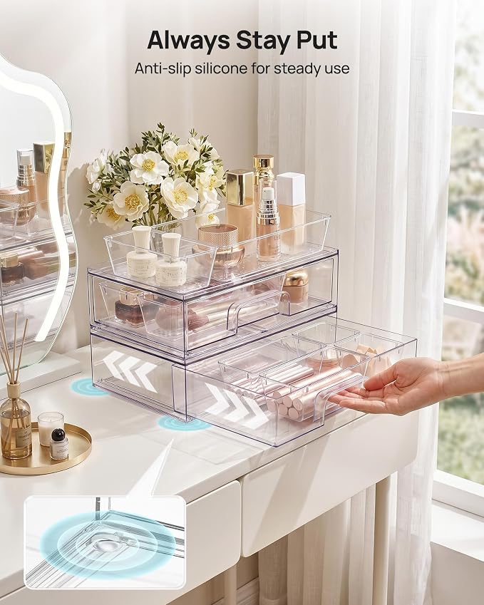 Vtopmart 12-Pack Clear Makeup Organizer Set with Drawer Organizer Bins | 2 Pack Stackable Storage Drawers & 10 Pack Drawer Organizer for Vanity Cosmetic, Bathroom Countertop, Desk