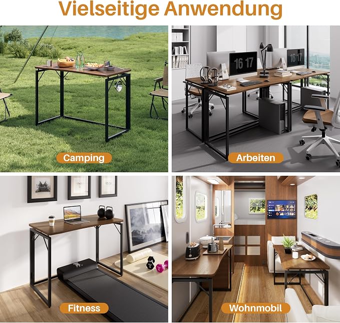 JOYMOOP 40" Folding Desk - Brown, No Assembly Middle Size Foldable Desk for Home, Office, Wooden Top Folding Computer Desk for Working, Writing, Studying