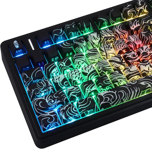 Tsungup PBT Keycaps,Custom Cool Dragon Pattern Side Print Keycaps(Black) | Tsungup Shine Through 138 Keys Cherry Profile Key Caps Keyboard Keycap Set for MX Switches Mechanical Keyboard