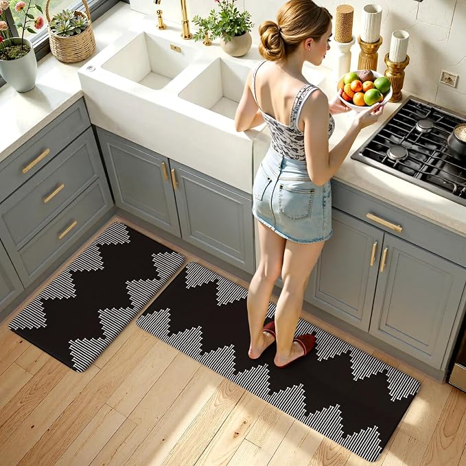 KIMODE Anti Fatigue Kitchen Mats,Black Boho Kitchen Rugs,Standing Desk Mats | Padded Kitchen Mat for Floor, Cushioned Kitchen Mats for Floor 2 Piece for Laundry Office Sink Dormitory RV 17"x47"+17"x29"