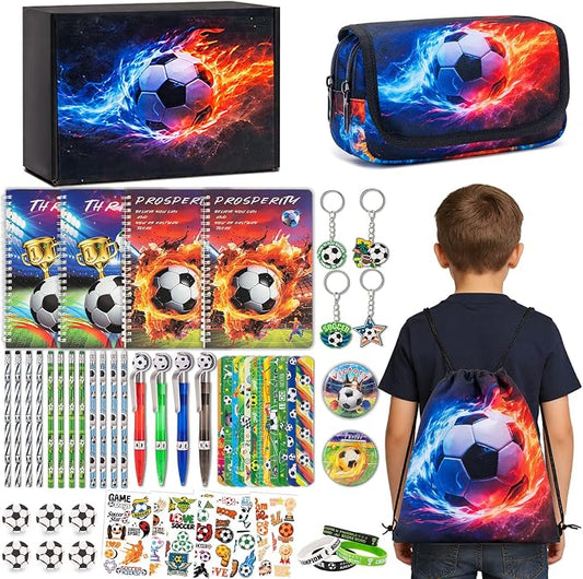DIGOBAY 61PCS Soccer School Supplies Set for kid Boys, Teen Back to School stationery Supplies with Pencil Case Drawstring Bag Spiral Notebooks Pens Pencils Tattoos Wristbands Gift Box
