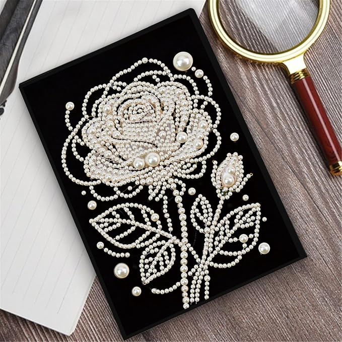 FRANDEK Pearl Painting Notebook Kit, Black and White Rose A5 DIY Journal with 50 Blank Pages, Diamond Gem Art Cover with Waterproof Canvas, Beginner Craft Set with Full Tools for Adults