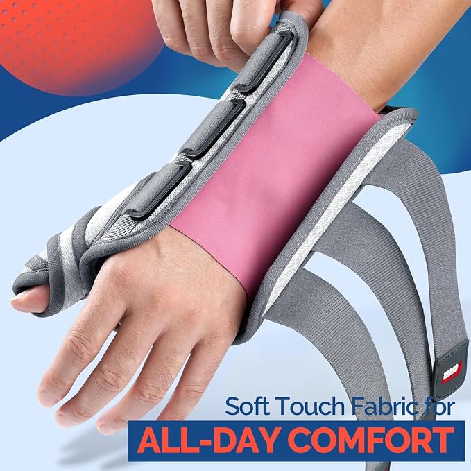 FEATOL Carpal Tunnel Wrist Brace Night Support, Thumb Spica Splint Left Hand for De Quervains Tenosynovitis, Tendonitis, Thumb Brace for Women Men, White Pink, Small/Medium