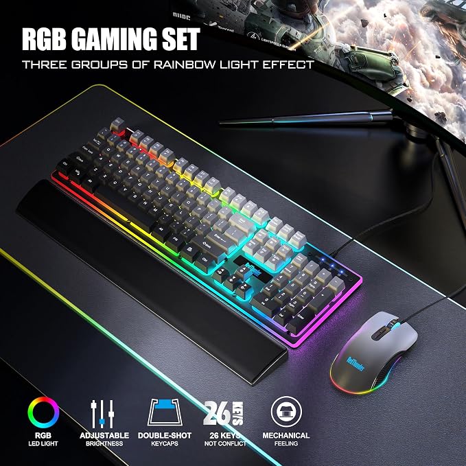 RedThunder K10 Wired Gaming Keyboard, Mouse Wrist Rest Combo, RGB Backlit, Mechanical Feel Anti-ghosting Keyboard + 7D 7200 DPI Mice+Soft Leather Wrist Rest 3 in 1 PC Gamer Accessories(Gradient Gray)