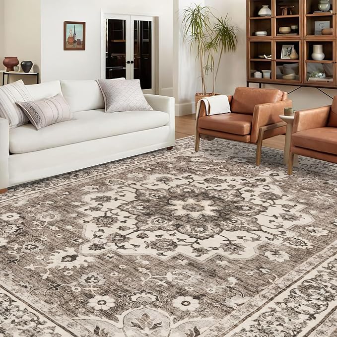 TOPRUUG Washable Oriental Area Rug - 10x12 Rugs for Living Room Soft Carpet for Bedroom Waterproof Floral Distressed Indoor Stain Resistant Non-Shedding Floor Carpets (Beige, 10x12)