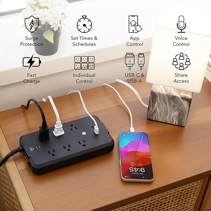 Geeni Smart Plug Power Strip, 6 Outlets and 2 USB Ports, 6 ft. Cord, Surge Protector with Voice Control, WiFi Control, Compatible with Alexa & Google Home, No Hub Required, Black