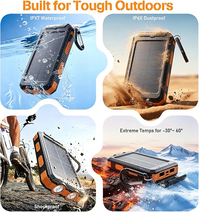 Solar Power Bank 38800mAh Portable Charger for Phone with USB-C, Outdoor Waterproof Battery Pack, 3 Outputs, Emergency LED Flashlight, Reliable Backup Power for Camping Hiking Travel and Power Outages