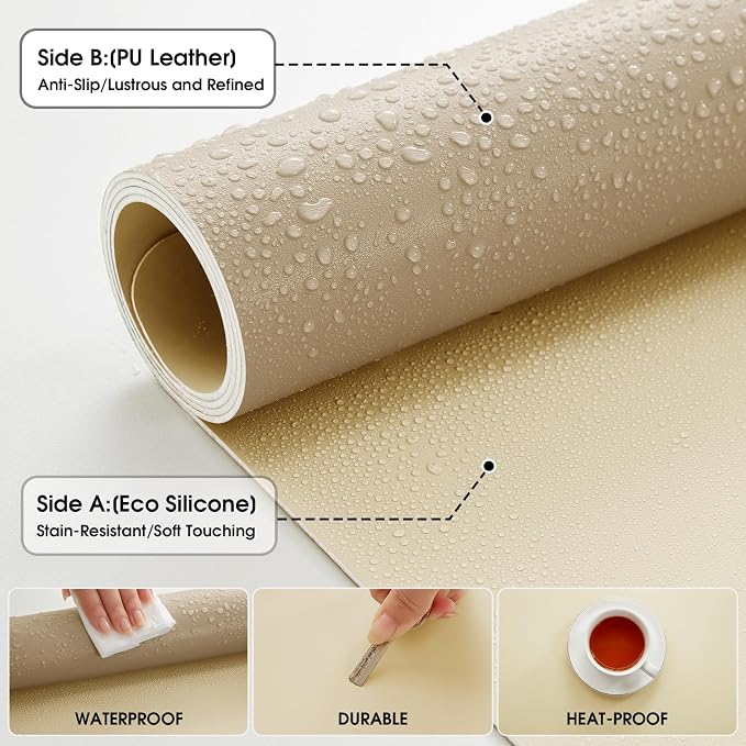 Leather Desk Mat Protector 35.4×17inch Dual-Sided Vanity Mat Non-Slip Large Gaming Mouse Pad Waterproof Desk Writing Pad Desk Blotter Laptop and Keyboard Mat for Office and Home(Apricot)
