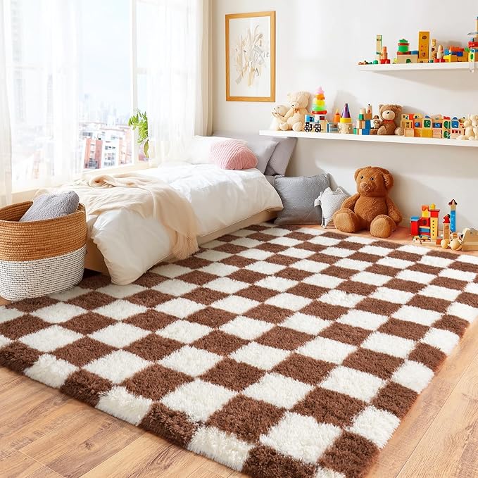 Area Rugs for Living Room 9x12, Ultra Fluffy Shag Checkered Rug Modern Washable Carpet Soft Shaggy Non Slip Indoor Plush Fuzzy Rugs for Bedroom Dorm Office Home Aesthetic Decor, Cream and Coffee