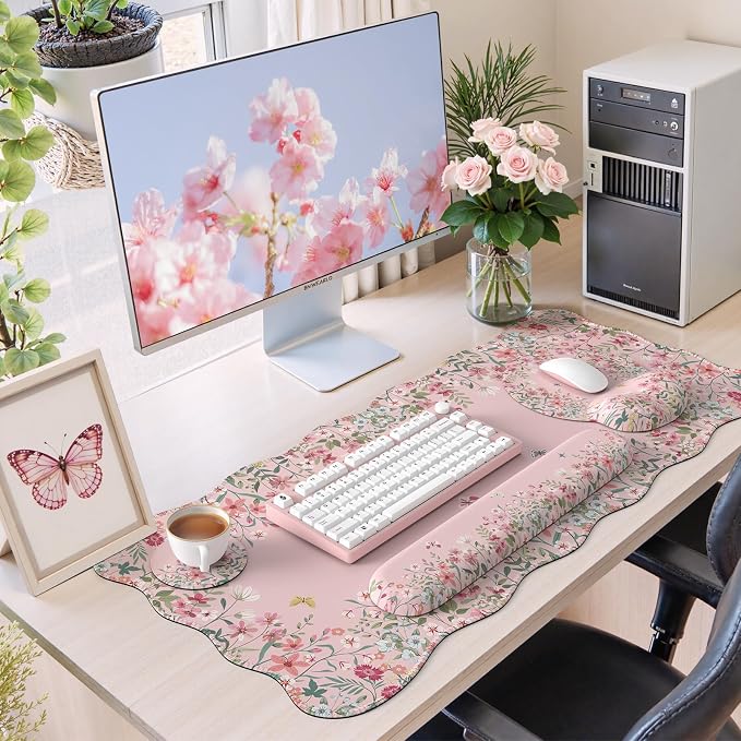 iCasso Desk Mat Set,Large Mouse Pad with Wrist Rest, Back to School Ergonomic Keyboard Wrist Support for Women,Girly Floral Computer Mat with Scalloped Edges,Non-Slip Desk Pad Home Office(Pink)