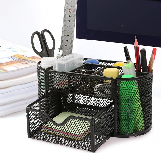 GPCT Office School Home/Teacher Supplies Mesh Desk Pen Organizer. Comes W/ 4 Pencil Cups For Highlighters/Pens/Sharpie, 4 Square Compartments For Paper Clips/Sticky Notes & 1 Supply Drawer- Black