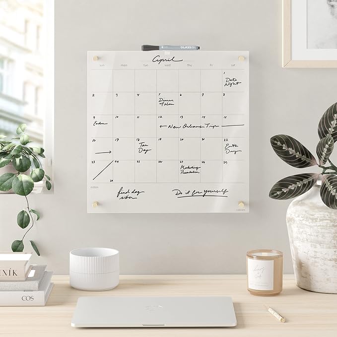 U Brands Acrylic Monthly Dry Erase Calendar White Board, Clear with Gold Finish Hardware, 16” x 16”