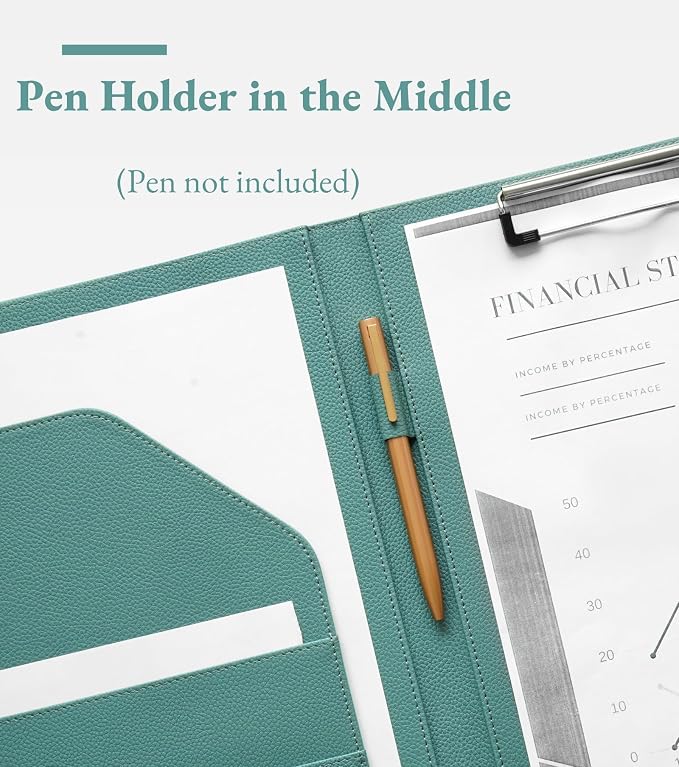 Zreal Padfolio Portfolio Binder with Clipboard & Card Holder, Faux Leather File Folder, Folio Resume Paper Organizer for A4 Letter Size Document, Legal Pad Holder for Women Man (Teal Green)