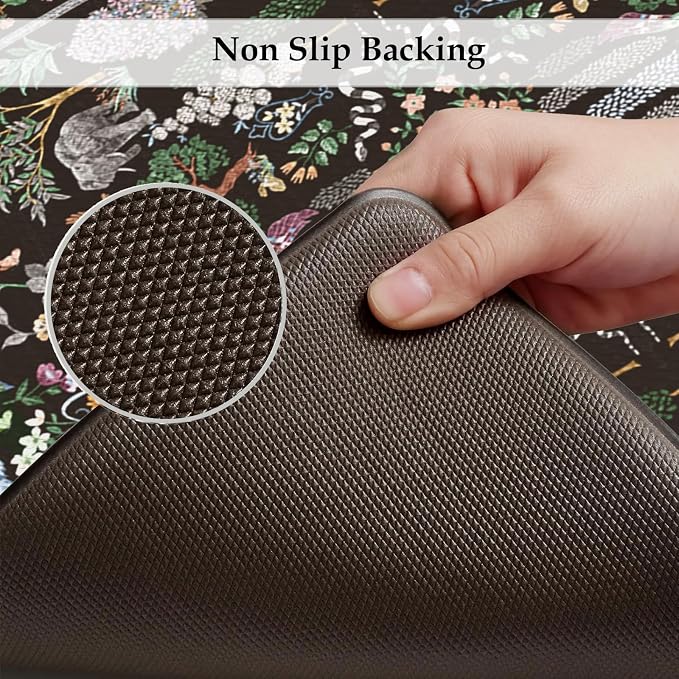 KIMODE Anti Fatigue Kitchen Mats for Floor 2 Piece, Black Vibrant Floral Kitchen Rugs 17"x47"+17"x29", Non Slip Waterproof Kitchen Floor Mats, Standing Mats for Laundry Office Sink Desk