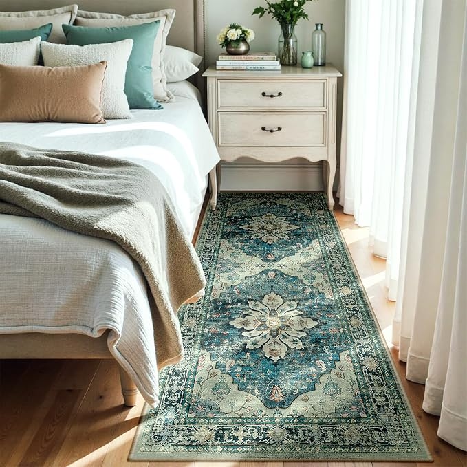 RELEANY Area Rugs Runner 3'x8' Washable Non-Slip, Floral Vintage Distress Medallion Carpet for Kitchen Hallway Bedroom Beside Laundry Room Bathroom, Dark Blue Vintage