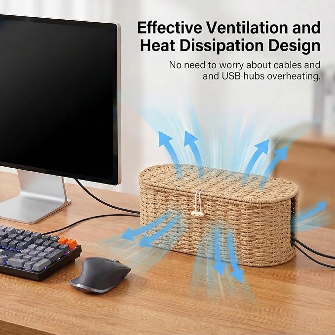 Set of 2 Cable Management Box, Handwoven Cord Hider Box with 3 Open Slots | Cable Organizer Box with Lockable Lid, Cord Storage Box to Hide Power Strip, Router, USB Hub, TV Wires for Home, Office
