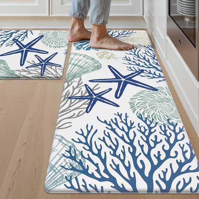 SHACOS Coastal Kitchen Rugs Set of 2, 17x27.5+17x47 inch | Summer Anti-Fatigue Kitchen Mats, White Cushioned Mats with Sea Themed Blue Starfish Shell Coral Tropical Fish