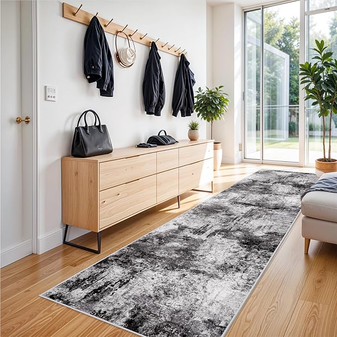 RUUGME 3x8 Runner Rug for Hallway: Abstract Washable Non-Slip Wide Carpet for Kitchen Floor Entryway Bedroom - Soft Boho Modern Low-Pile Throw Floor Mat for Home Decor (3x8 Black-White)
