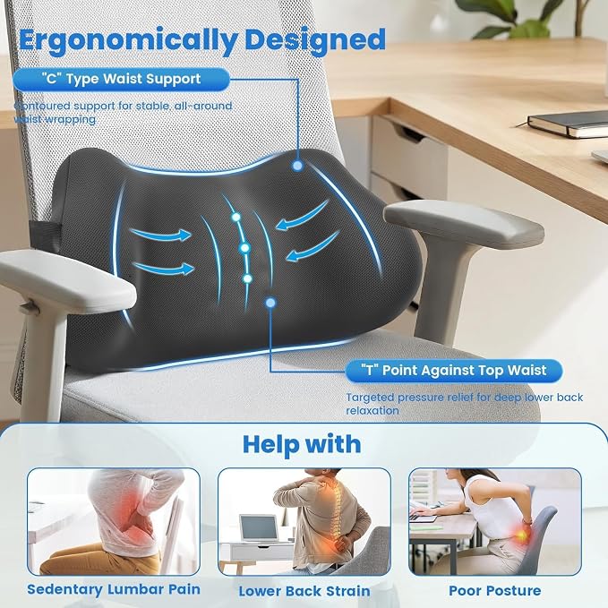 Lumbar Support Pillow for Office Chair, Memory Foam Lower Back Support, Ergonomic Lumbar Pillow with Adjustable Strap, Breathable Cover (Grey)