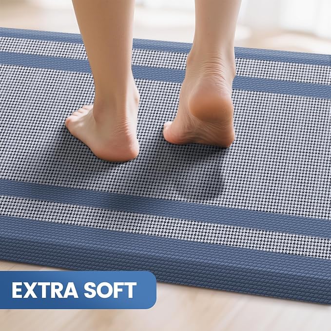 KitchenClouds [2 PCS Kitchen Rugs Cushioned Anti-Fatigue Kitchen Mats for Floor Waterproof Kitchen Rug Set Non-Slip Comfort Standing Mat for Office, Sink, Laundry 20"×30"+20"×60",Blue
