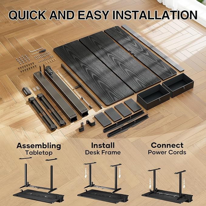 Veken 47x28 in Electric Standing Desk with Drawers, Adjustable Table, Black | Stand up Computer Desk for Home Office, Work & Study, with Storage, 3 Memory Presets, Cable Organizer, Hook, and Quiet Lift.