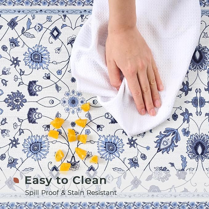 FRESHMINT Vintage Floral Kitchen Mats Set, 17x30''+17x47'', Porcelain Blue | Anti-Fatigue, Non Slip, Comfort, Kitchen Decor, Easy to Clean, Waterproof, Perfect for Kitchen, Laundry, Office