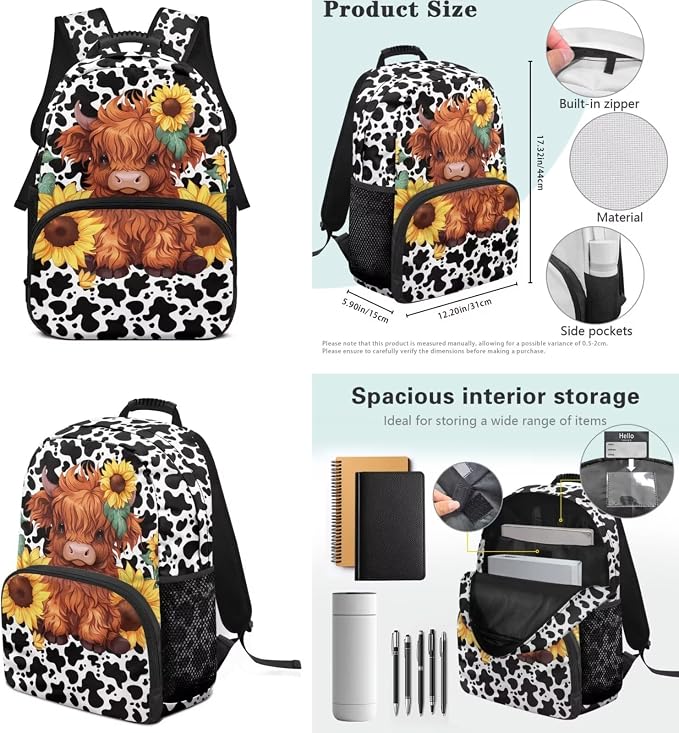ZFRXIGN Highland Cow Kids Backpack for Boys Bookbag with Cute Pendant 17inch Elementary School Girls Bag and Insulated Lunch Box Portable Pencil Case Cow Print