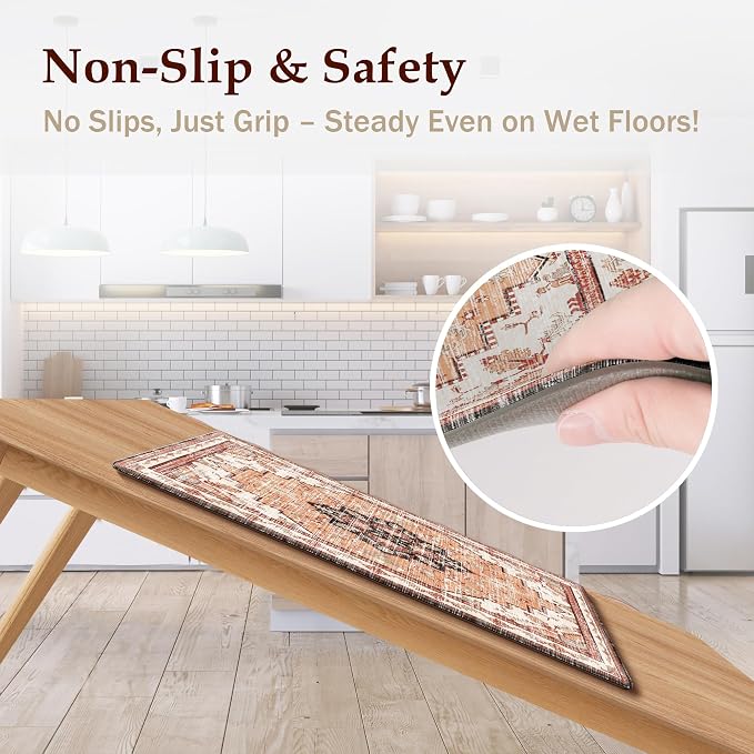 Boho Kitchen Mats for Floor 2 Piece Set Anti Fatigue Cushioned PVC Kitchen Rugs Non Slip Waterproof Farmhouse Mats 2/5 Inch Comfort Standing Mat for Sink, Laundry, 17.3"x47"+17.3"x28", Orange