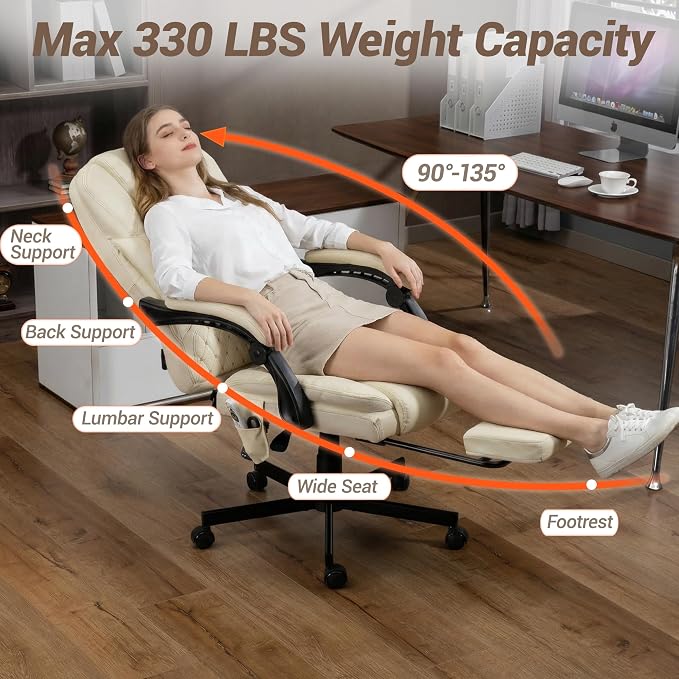 Heated Massage Executive Office Desk Chair with Footrest - Beige | 6 Points Vibration Massage System, 5 Massage Modes, 3 Target Areas (Back,Lumbar,Seat), Reclining 90°-135°
