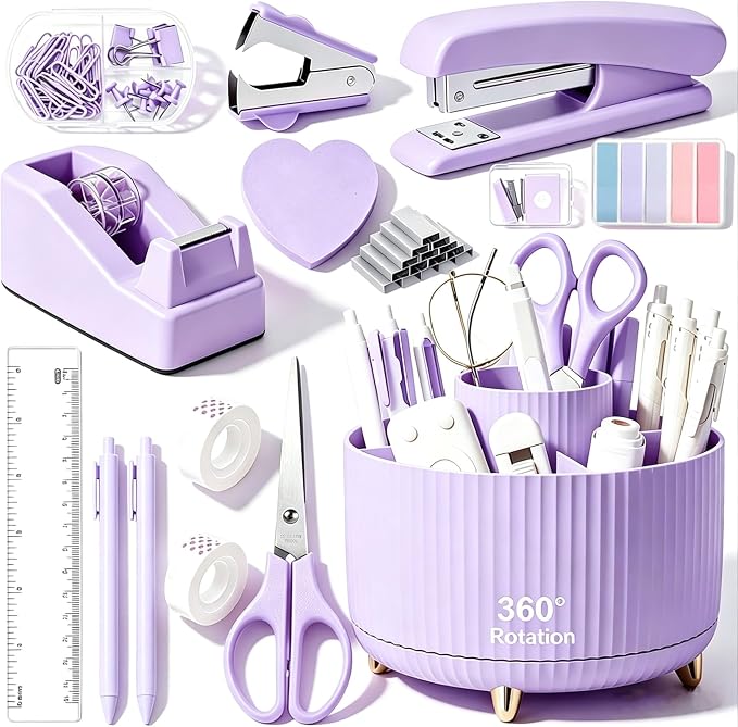 Office Supplies Set Rotating Pen Holder for Desk with Stapler Staple Remover Tape Dispenser 2pcs Tape Refills Binder Paper Clips Kit Scissor Pen Ruler & Sticky Tabs Pink Office School Supplies(Purple)