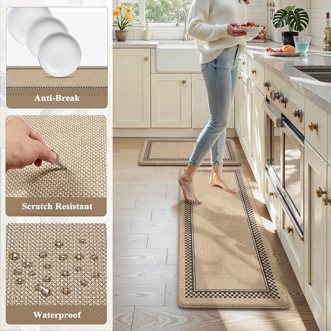 KIMODE Kitchen Mats Cushioned Anti Fatigue, Jute Geometric Kitchen Rugs Set | Padded Kitchen Floor Mats Non Slip, Spring Standing Mats for Kitchen Decor Bathroom Sink Laundry Office Desk 17"x47"+17"x29"