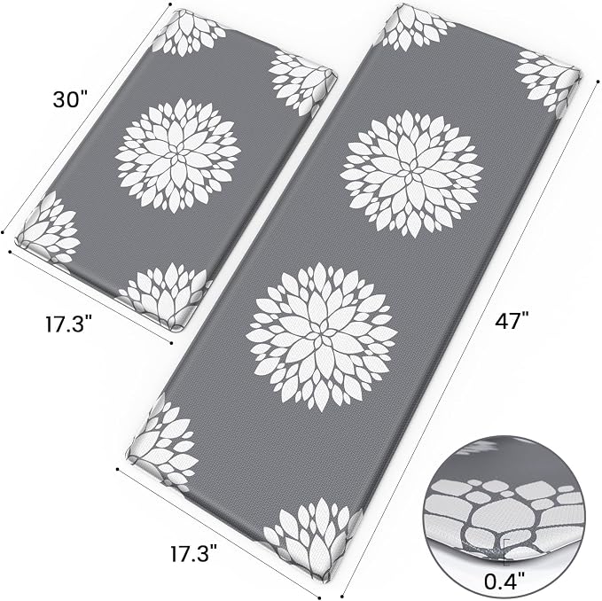 2PCS Kitchen Mats for Floor, Anti Fatigue Non-slip Water Resistant Grey Rug | Soft Kitchen Rugs for Home, Cushioned Standing Desk Mat, Comfort Mat for Office, Sink, Laundry, 17.3" x 47" + 17.3" x 30"