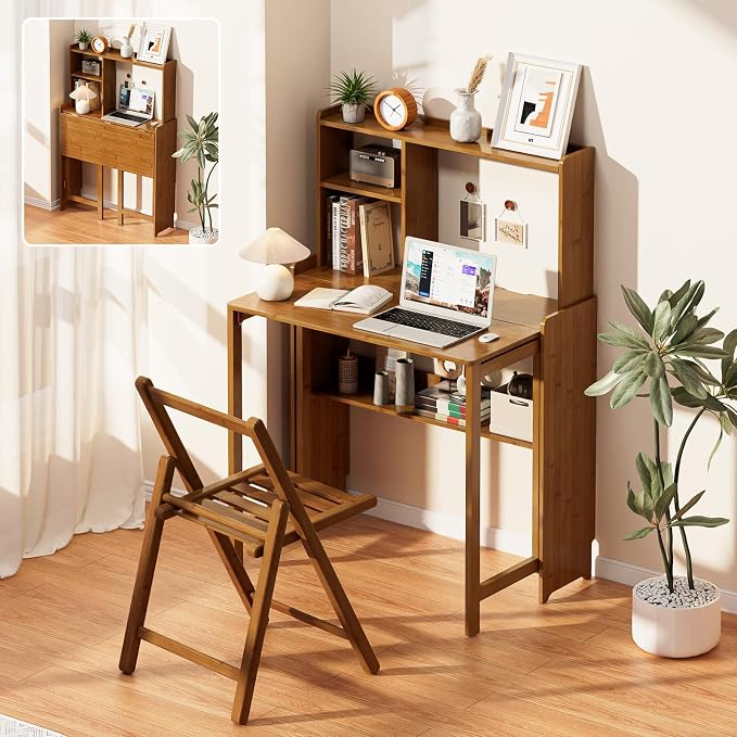 Bamboo Folding Desk with Bookshelf, Compact Computer Desk with Hutch for Small Spaces, Foldable Desk with Storage Shelf, Space-Saving Home Office Desk for Bedroom, Dorm, Apartment,Brown