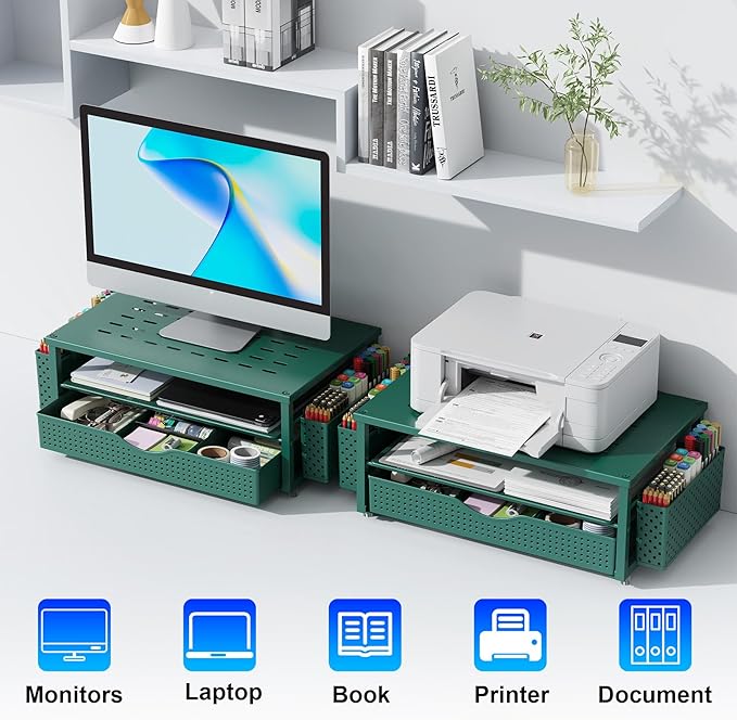 gianotter Desk Organizers and Accessories, Monitor Stand with Drawer and 2 Pen Holder, Desktop Organizer Suitable for Offices and Dormitories (Green)