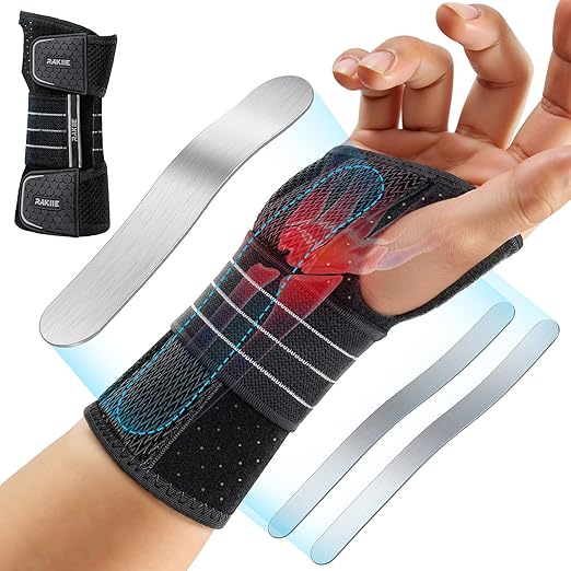 Rakiie Carpal Tunnel Wrist Brace Right Hand, Adjustable Night Wrist Support with 3 Metal Splints, Hand Brace for Men Women No Pressure on Thumb, Splint Stabilizer for Work, Arthritis, Gray Large