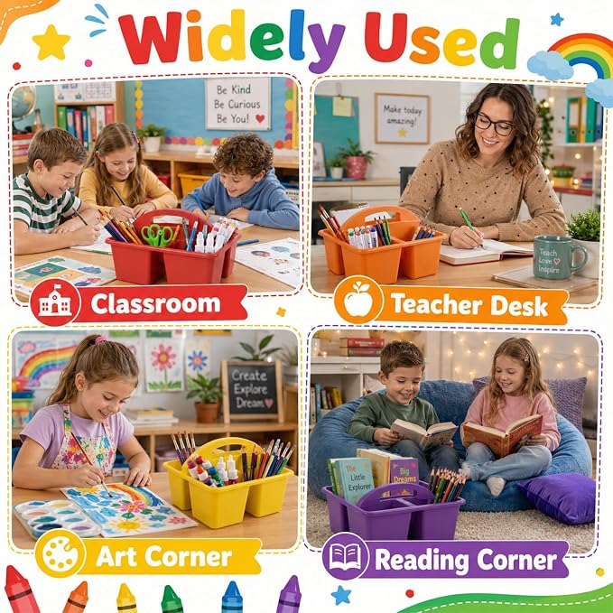 12 Pack Classroom Caddy with Handle Plastic Storage Caddy Organizer with 3 Compartments Desk Caddies Holder Portable Storage Bin for Pencil, Crayon, Marker, Home, Office, School Supply(Rainbow)