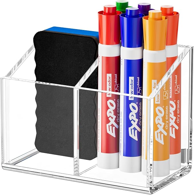 Magnetic Dry Erase Marker Holder for Whiteboard, 2 Slot Pen Holder for Desk | Fridge Refrigerator, Non-slip, Acrylic, Strong, Locker Organizer, Storage Accessories,Clear, Pencil Cup Marker Organizer