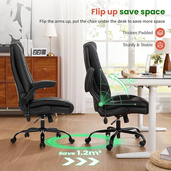 CIOMAN 500lbs Big and Tall Office Chair with Inflatable Lumbar Support, Rubber Wheels Executive Chair with Rocking Function, High Back Wide Cushion Ergonomic Desk Chair for All-Day Sitting,Black
