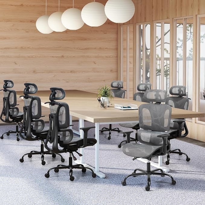 ECOTOUGE Grey Ergonomic High Back Mesh Office Chair | Lumbar Support, Adjustable Headrest, 3D Armrests, Reclining, Home/Office/Gaming, 330LBS