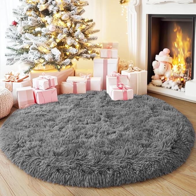 3'x3' Grey Round Rug for Bedroom, Ultra Soft Fluffy Circle Rug for Kids Girls Boys Room, Cute Small Shag Rugs for Living Room Playroom Teen Room Home Decor Rug