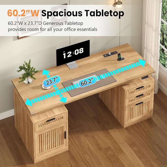 60" Fluted Electric Standing Desk with Drawers for Home Office, Oak | Height Adjustable Computer Desk with 4 Drawers & Storage Shelves, Wood Sit Stand Desk with Power Outlets for Work, Study