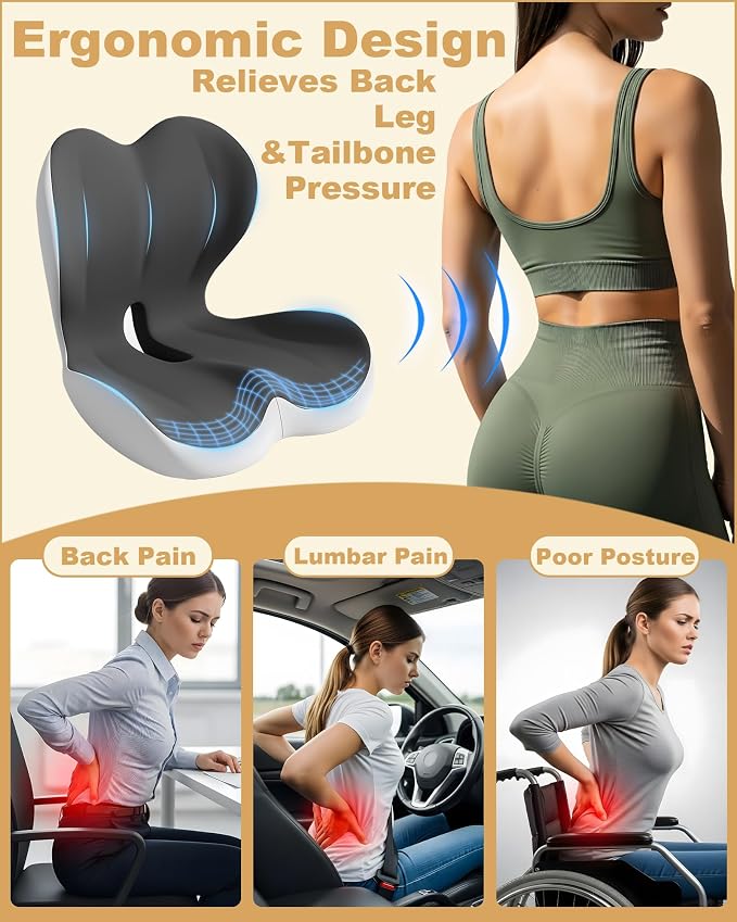 Office Chair Seat Cushion with Back Lumbar Support, Ergonomic Memory Foam | Integrated L-Shaped Backrest and Coccyx Cutout with Non-Slip Base for Car Seats, Wheelchairs and Long Sitting Comfort