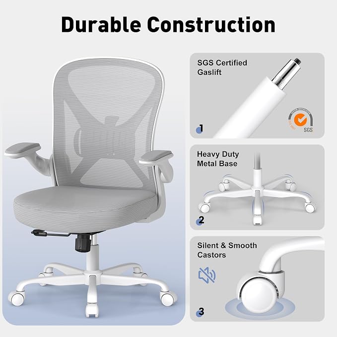 Ergonomic Office Chair with Adjustable Lumbar Support, 300 lbs Swivel Desk Chair with Flip-Up Arms, Mesh Comfy Padded Seat for Computer and Home, Grey