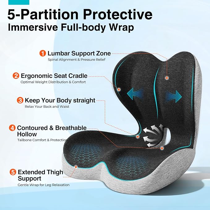 Seat Cushion for Office Chair and Car, L-Shaped Memory Foam Truck Driver Seat Cushion, Ergonomic Sciatica & Tailbone Pain Relief Cushion with Non-Slip Breathable Cover, Back Support for Office Chair