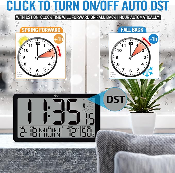 TXL Atomic Digital Wall Clock, Battery Operated with Temperature & Humidity, Auto DST, Date & Weekday, Easy Set Alarm, for Living Room, Bedroom, Office & Classroom (Black)