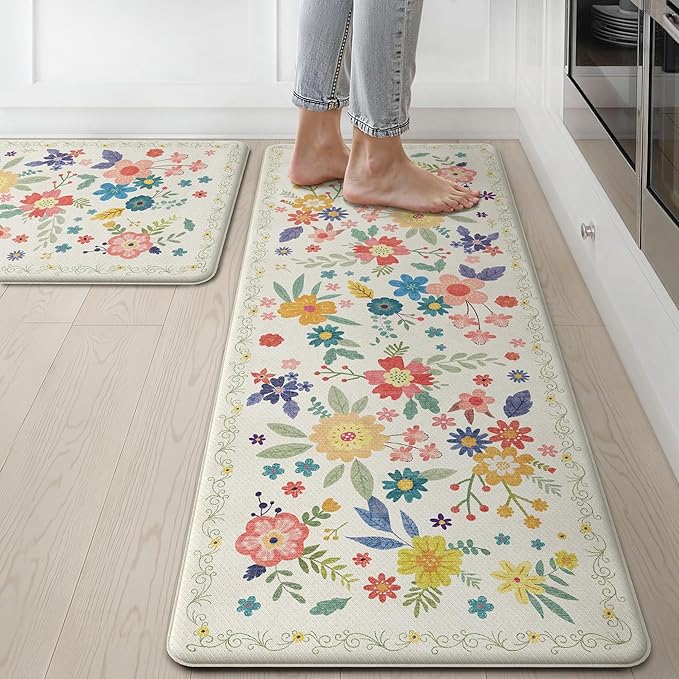 GENIMO Anti Fatigue Kitchen Mats for Floor 2PCS, Cushioned Standing Mats | 17.3"x47"&17.3"x30", SoftWhite vintage floral rug set, waterproof, non slip, easy-clean for farmhouse