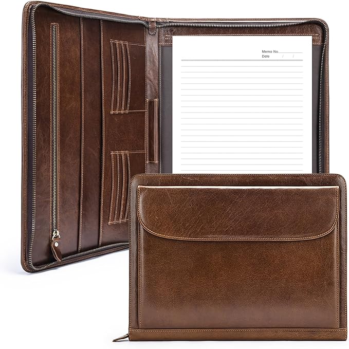 Genuine Leather Portfolio Men Women Zipper Business Resume Padfolio Binder A4 Meeting Folder Organizer 13 inch brown coffee