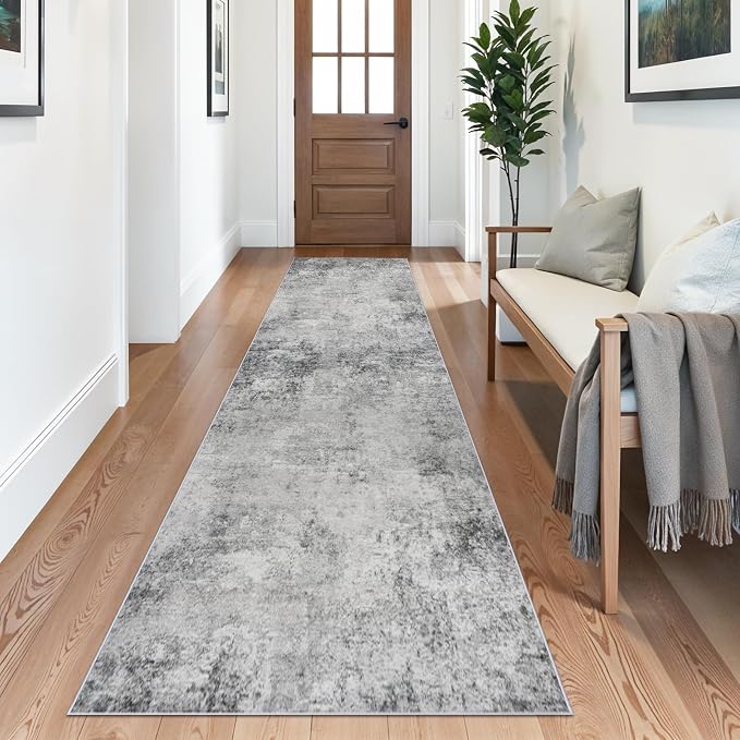 3x14ft Washable Runner Rug for Hallway: Modern Non Slip Wide Carpet for Kitchen Entryway Bathroom - Extra Long Soft Throw Floor Mat Neutral Low Pile Accent Rugs for Boho Home Decor (3x14 Grey)