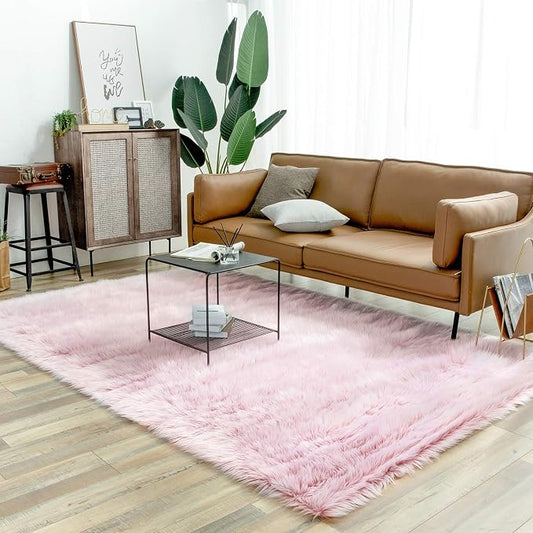 Ashler Faux Fur Rug, Fluffy Shaggy Area Rug Ultra Soft 6 x 9 Feet Rectangle Frosted Bottom Pink Fuzzy Rug Machine Washable Shag Rug, Nursery Decor Throw Rugs for Bedroom, Living Room